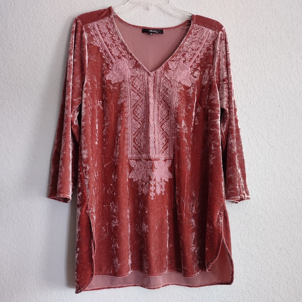 Andree by Unit Sz M Embroidery Blush pink Crushed Velvet Blouse Tunic Top NWOT